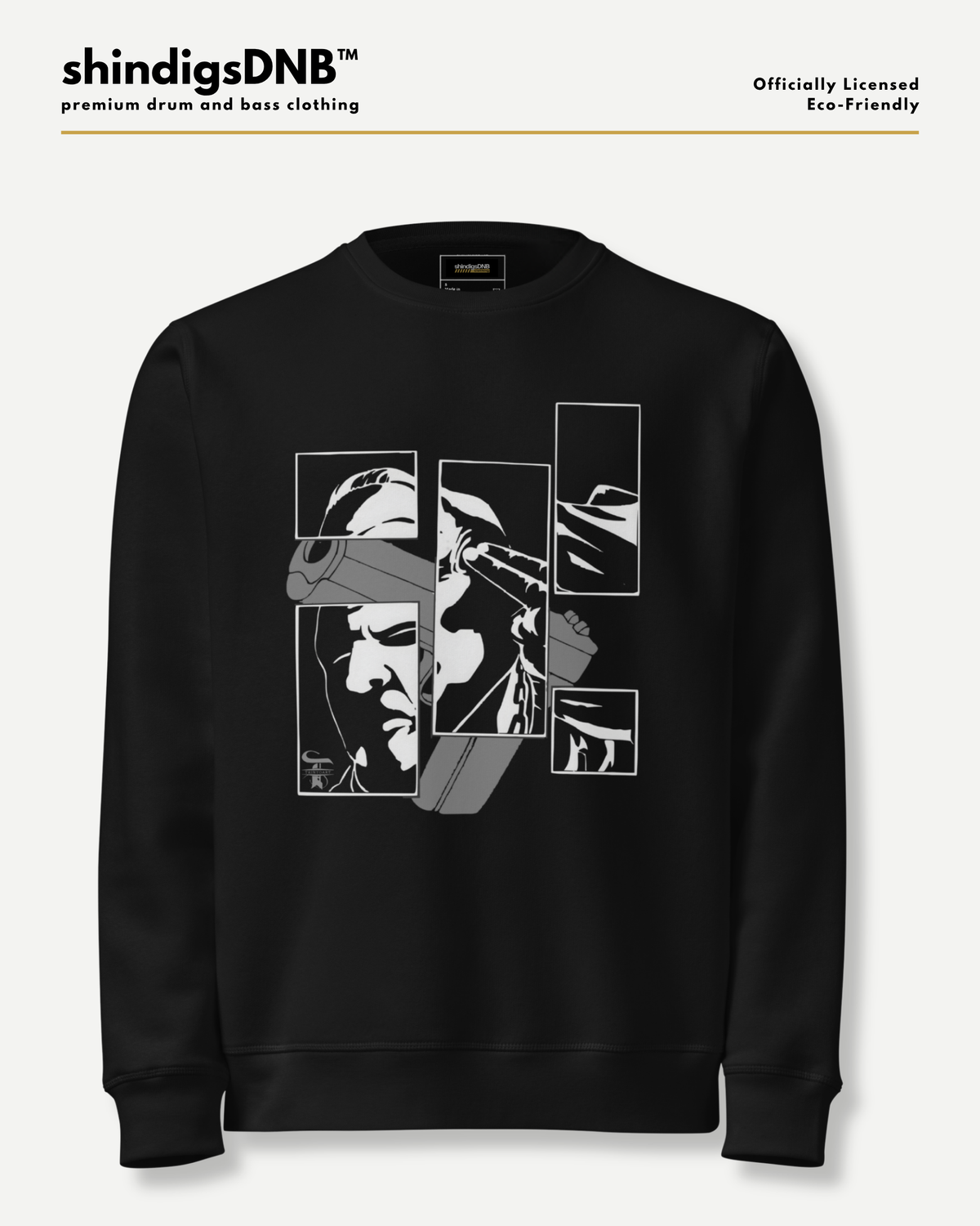 A black crewneck sweatshirt with a white and gray graphic print of a stylized face and geometric shapes on the front, displayed on a light gray background with branding text at the top.