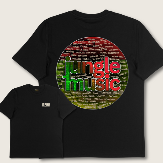 Black t-shirt with 'jungle music' graphic design on a light gray background