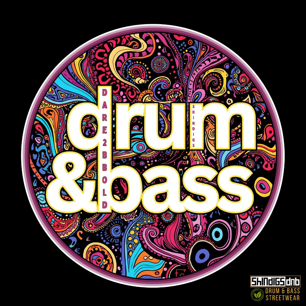 Colorful 'Drum & Bass' logo with intricate patterns on a black background