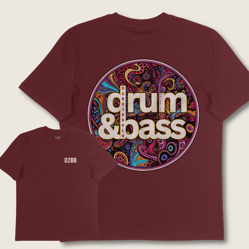 Maroon t-shirt with 'drum & bass' design on a light gray background