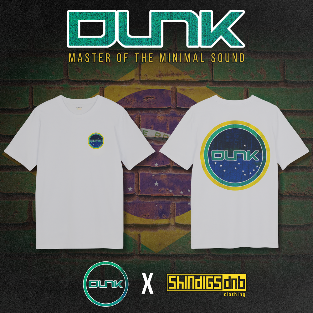 Two white t-shirts with 'Dunk' logo on a colorful brick wall background