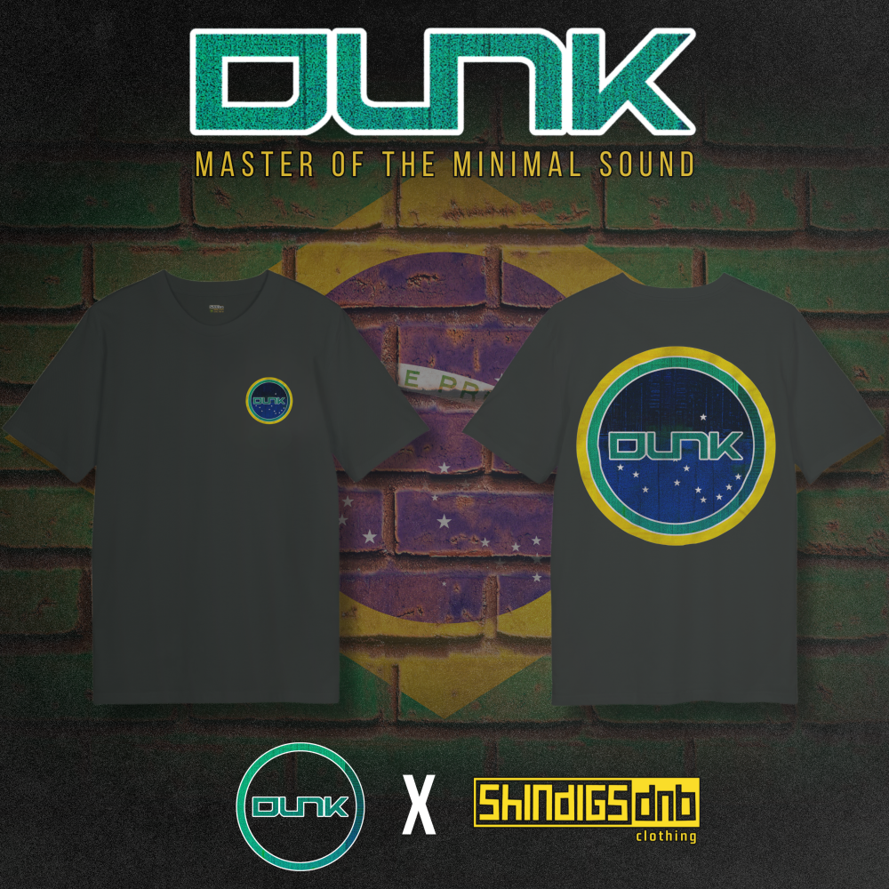 Two t-shirts with 'Dunk' logo on a brick wall background