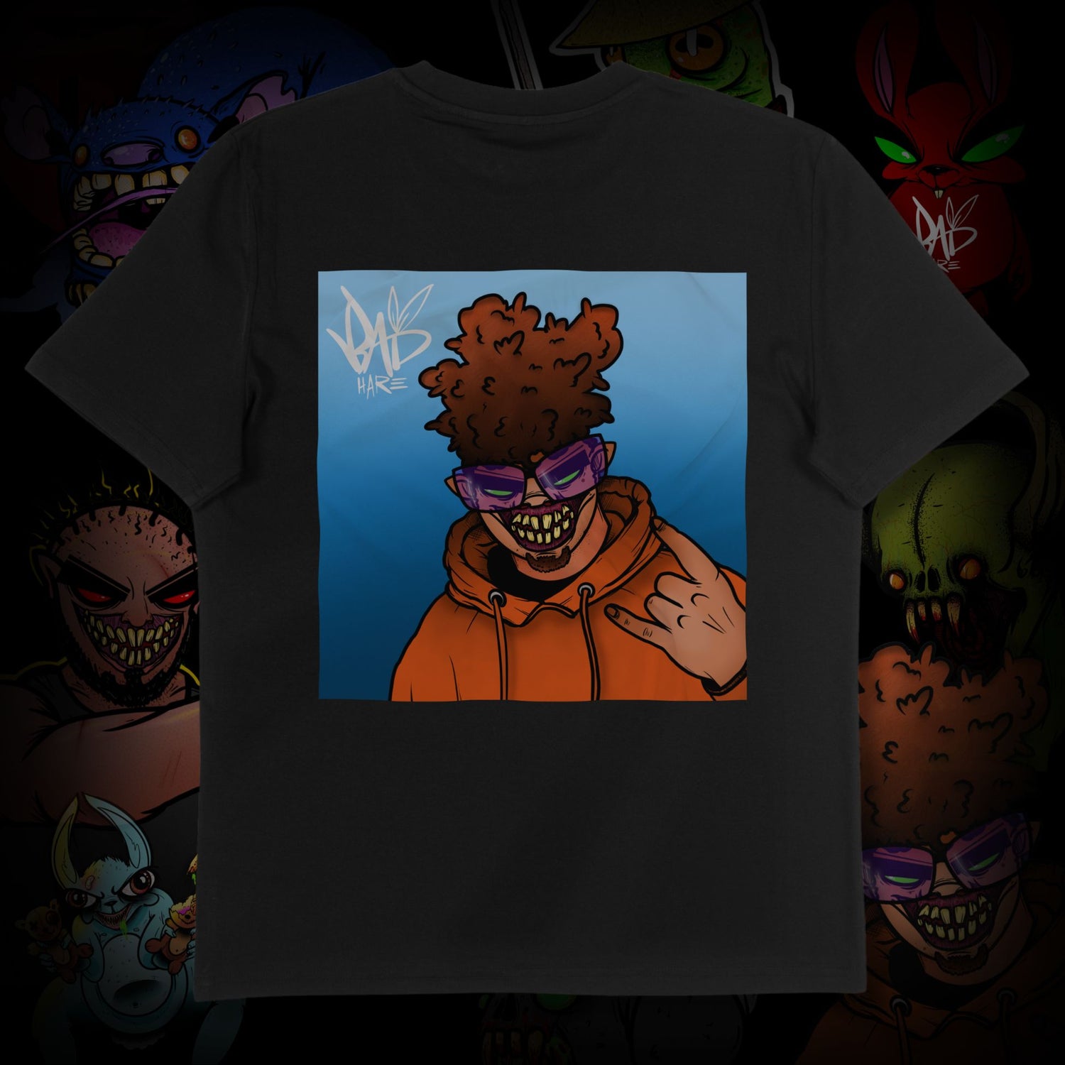 Black t-shirt with a graphic of a character in an orange hoodie and sunglasses on a blue background, surrounded by colorful cartoon characters.