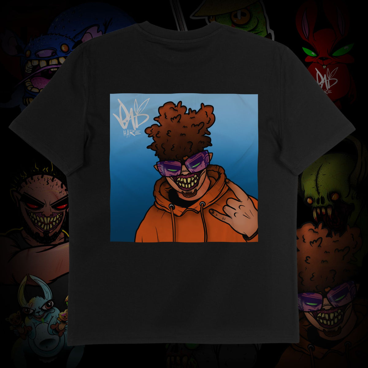 Black t-shirt with a graphic of a character in an orange hoodie and sunglasses on a blue background, surrounded by colorful cartoon characters.
