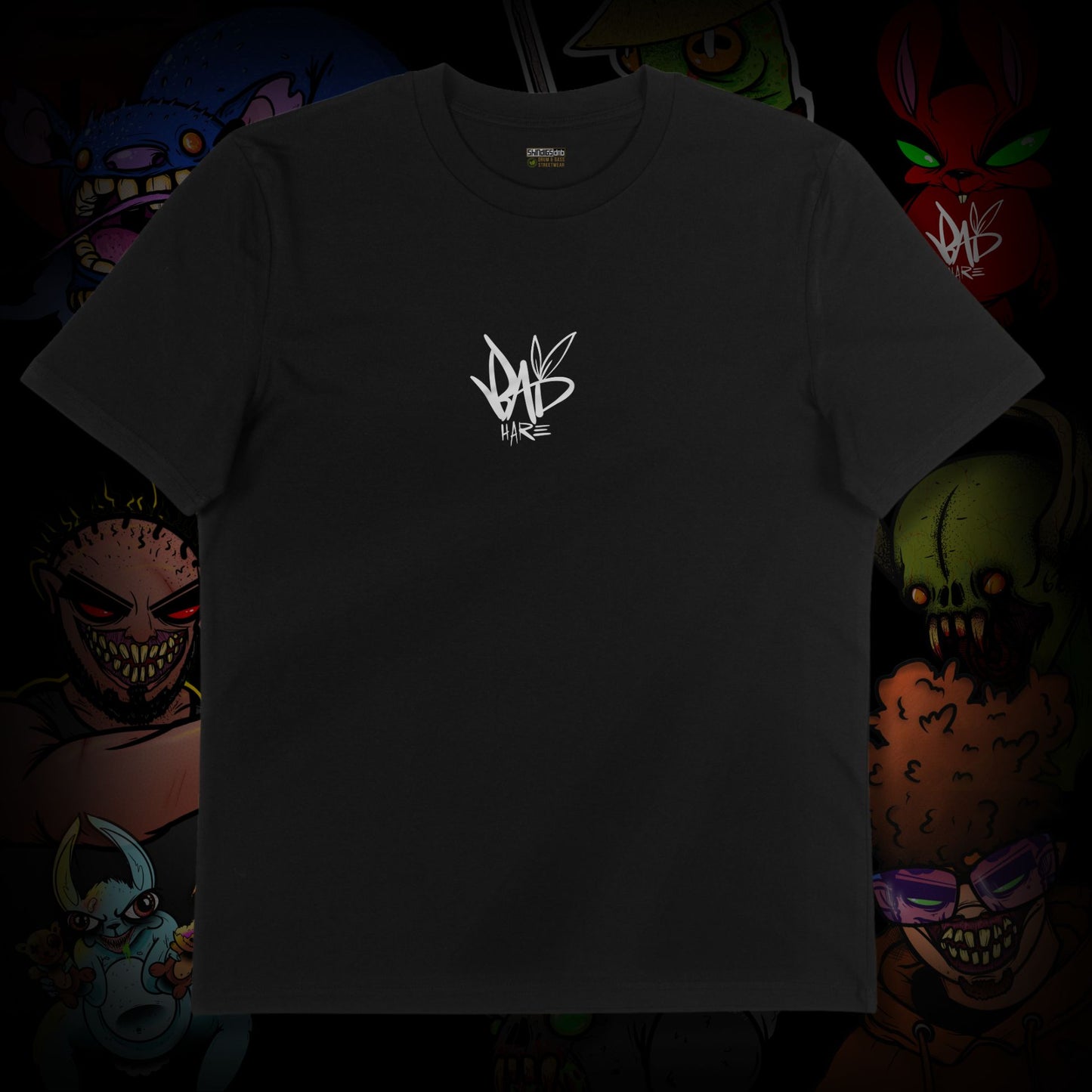 Black t-shirt with a white logo on a colorful background of cartoon characters.