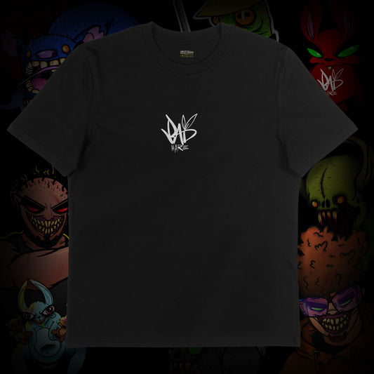 Black t-shirt with a white logo on a colorful background of cartoon characters.