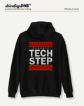 Black Classic Tech Step pullover hoodie by shindigsDNB featuring bold white lettering and red camouflage graphics on the front.