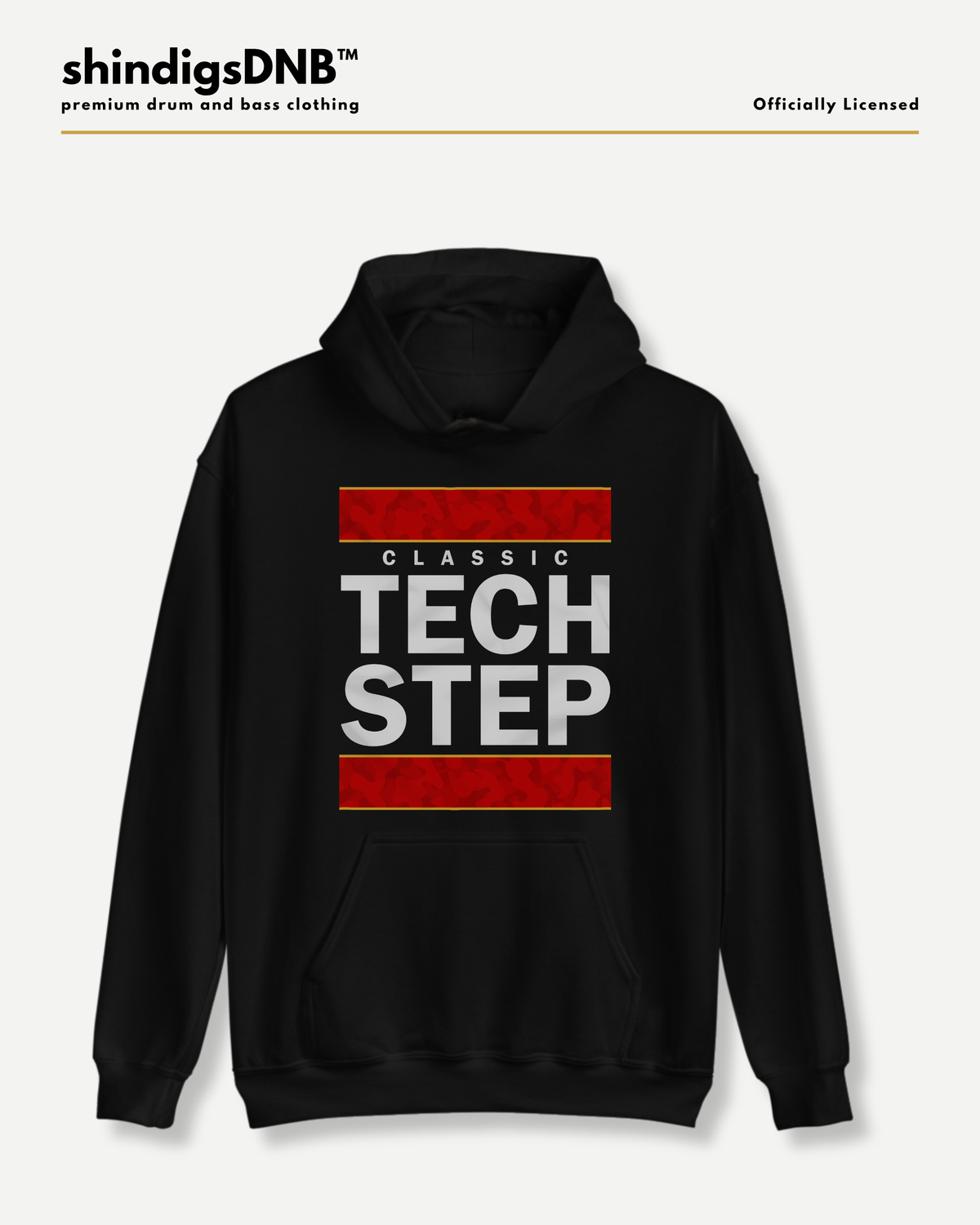 Black Classic Tech Step pullover hoodie by shindigsDNB featuring bold white lettering and red camouflage graphics on the front.