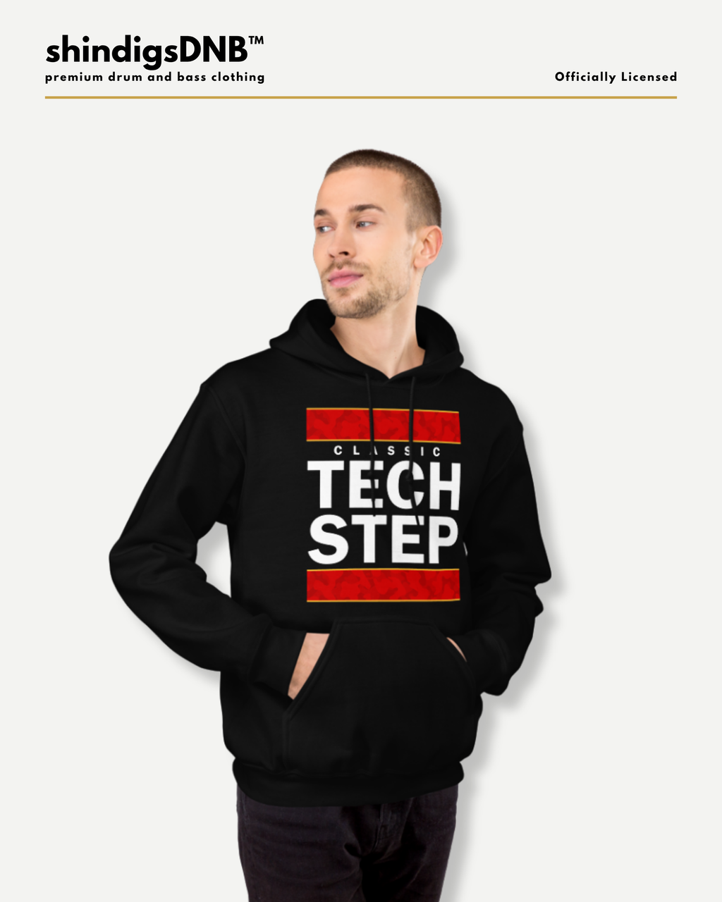 A man wearing a black hoodie with a red and white graphic that reads 'CLASSIC TECH STEP' on the front, shown against a light gray background with the brand name 'shindigsDNB' at the top.