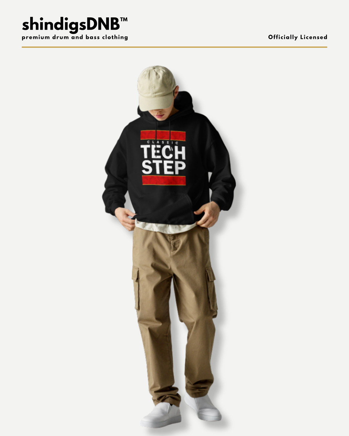 A model wearing a black hoodie with a red and white graphic that reads 'TECH STEP', paired with beige cargo pants, a beige cap, and white sneakers, set against a light gray background with 'shindigsDNB' branding at the top.