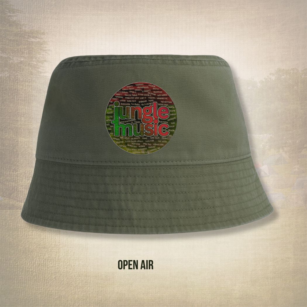 Green bucket hat with 'jungle music' logo on a beige background