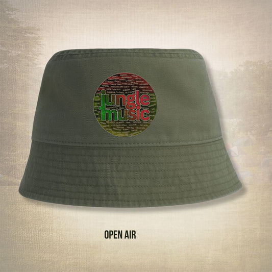 Green bucket hat with 'jungle music' logo on a beige background
