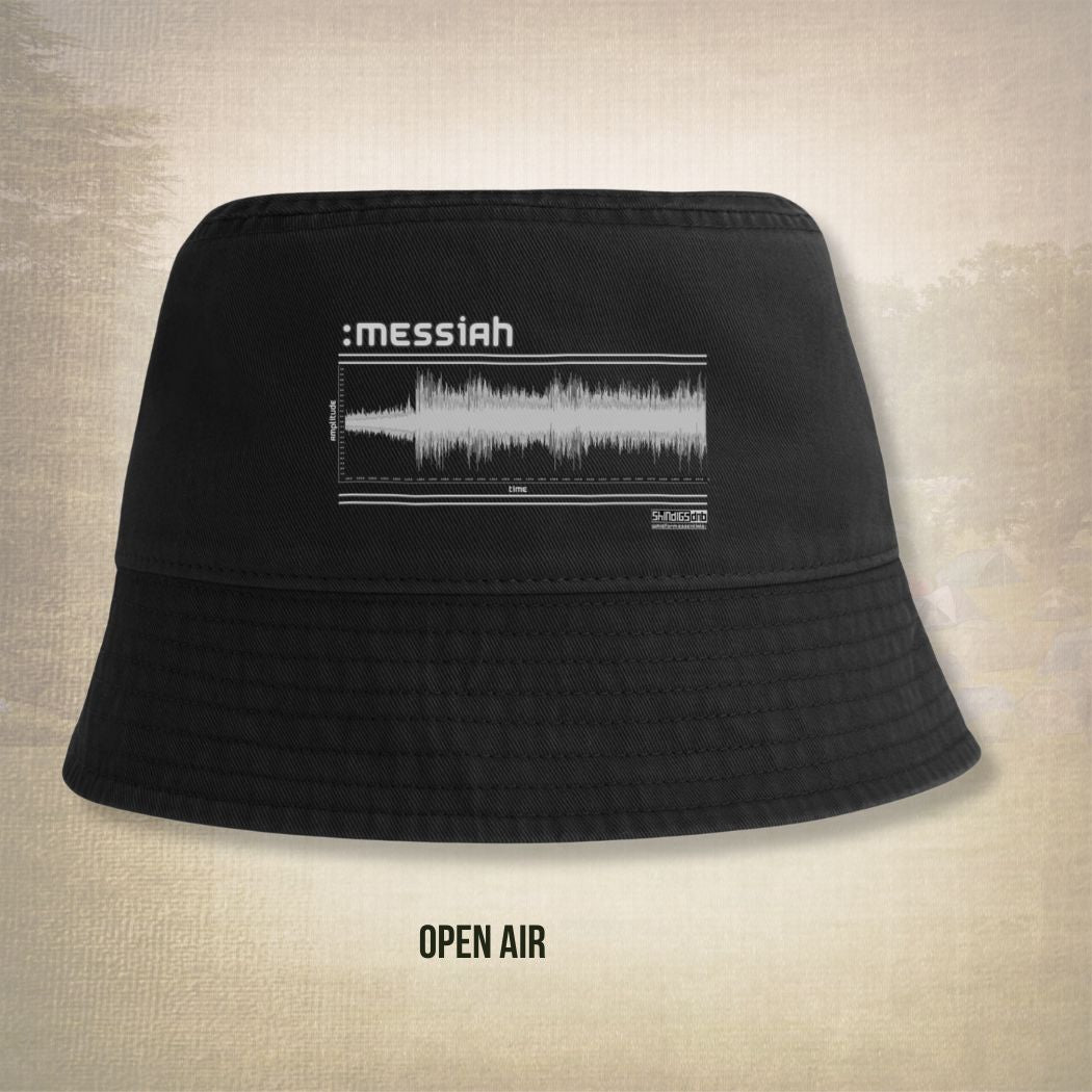 Black bucket hat with 'messiah' and sound wave design on a beige background