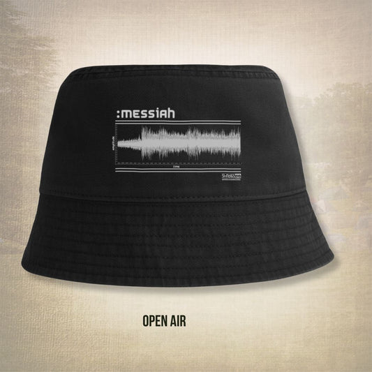 Black bucket hat with 'messiah' and sound wave design on a beige background