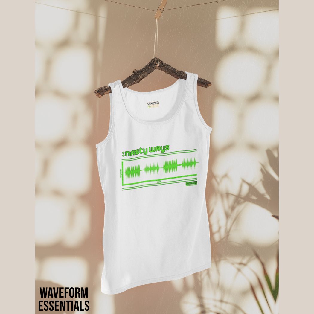 White tank top with green drum and bass graphic on a hanger against a neutral background