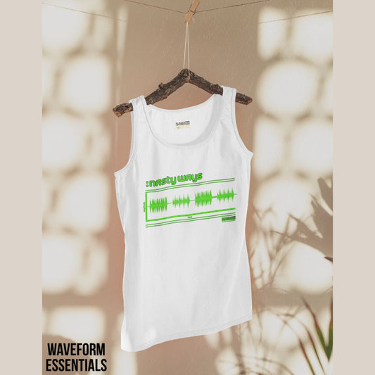 White tank top with green drum and bass graphic on a hanger against a neutral background