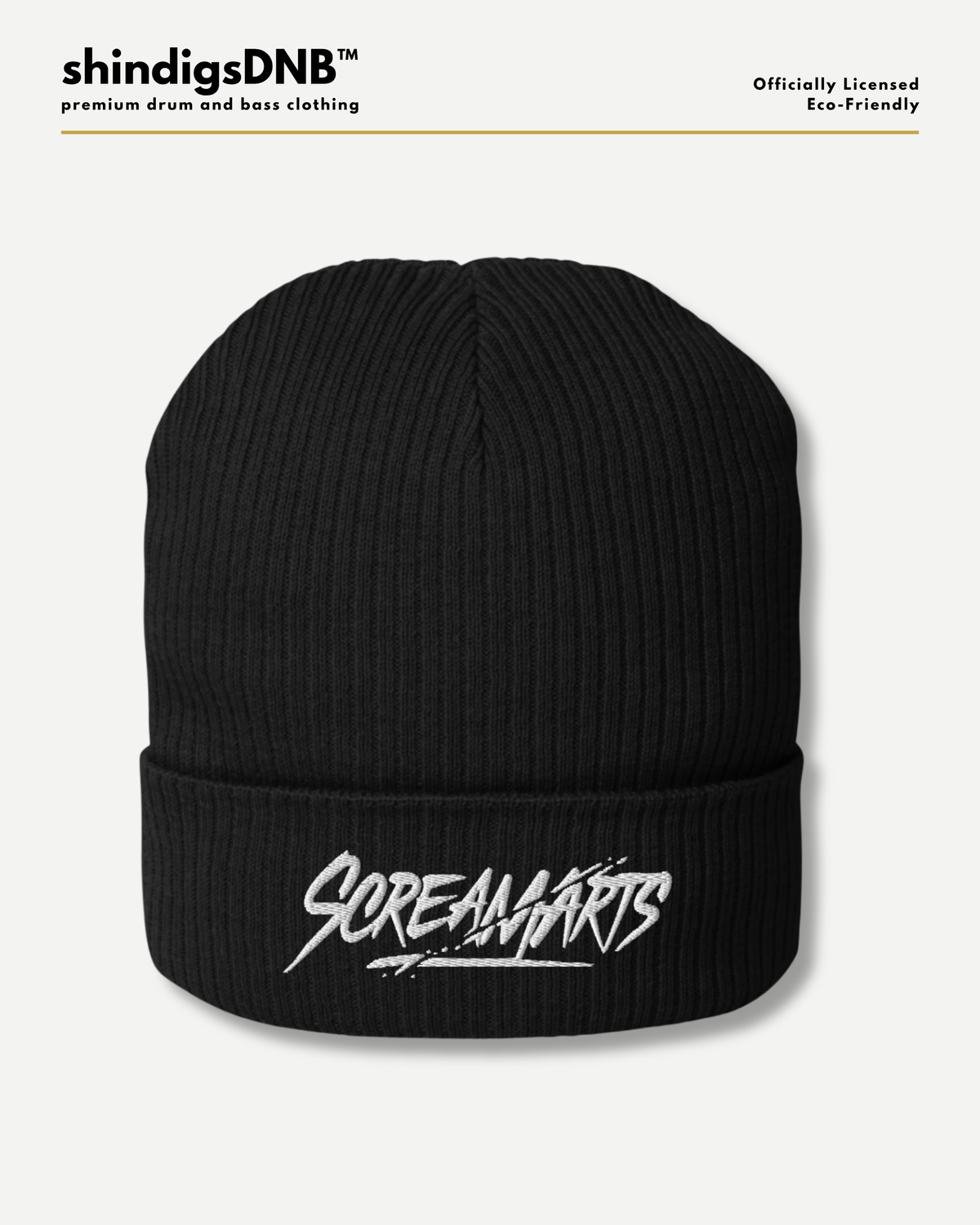 A black ribbed knit beanie hat with a white embroidered 'Screamarts' logo on the front cuff, shown against a light gray background with brand text at the top.
