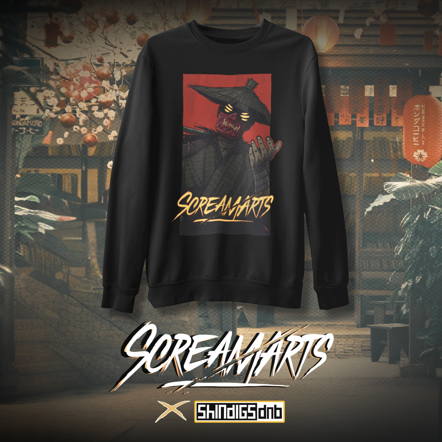 Black sweatshirt with graphic design and 'Screamarts' branding against a decorative background