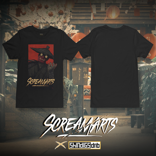 Screamarts collaboration black graphic tee, drum and bass, neurofunk
