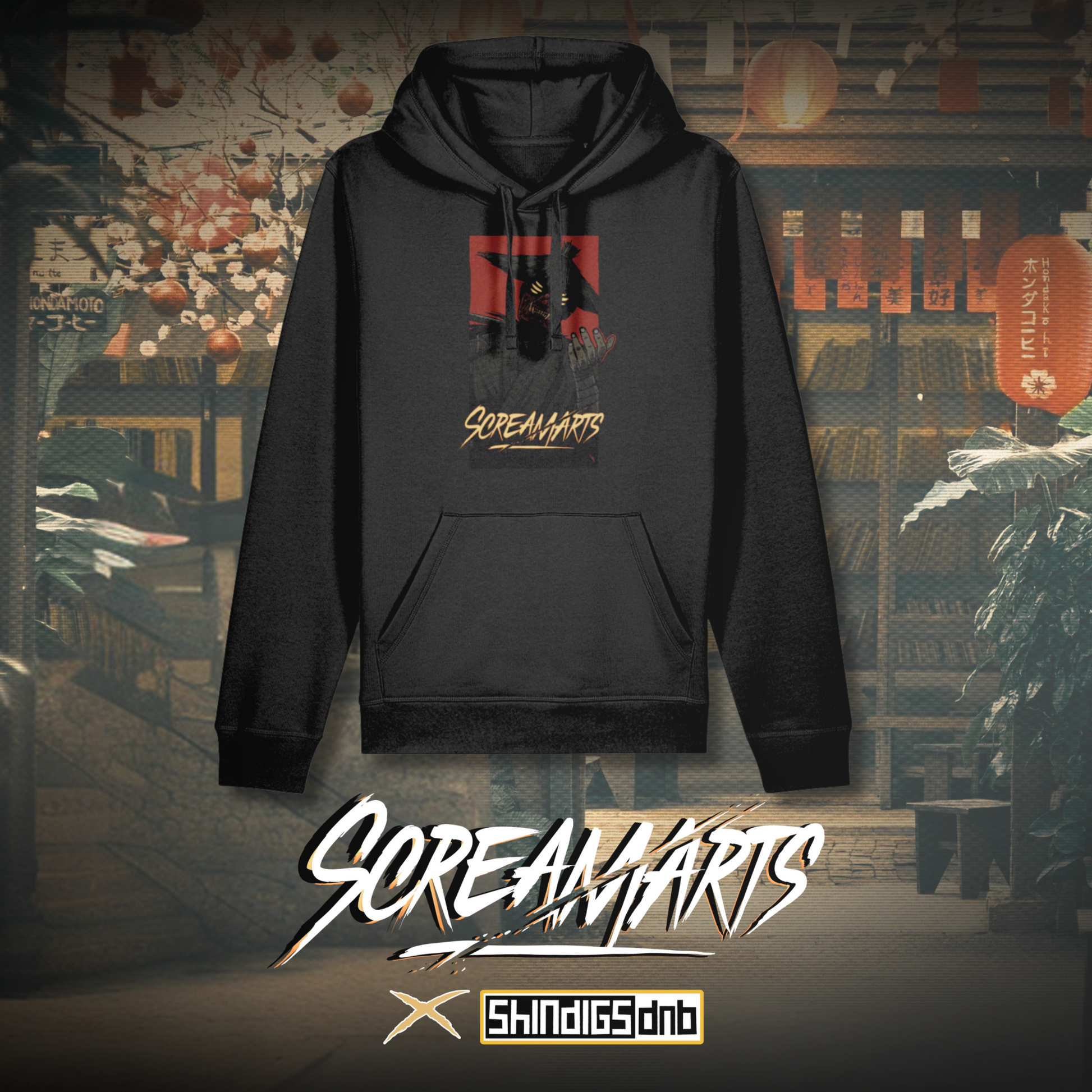 Black hoodie with 'Screamarts' logo on a stylized background