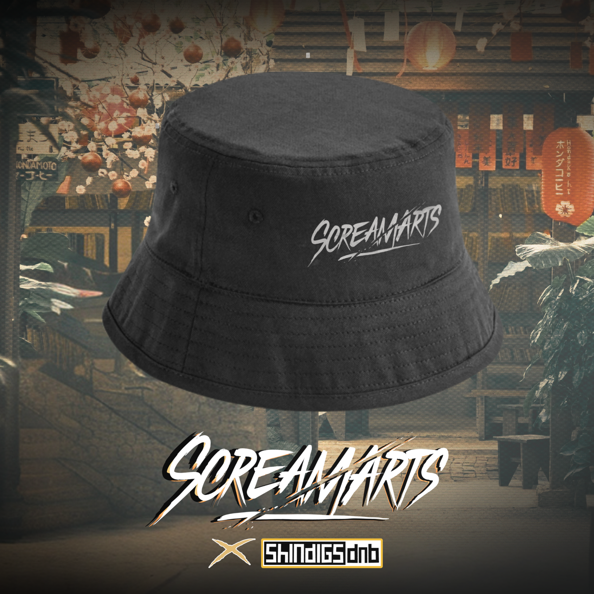 Black bucket hat with 'Screamarts' logo