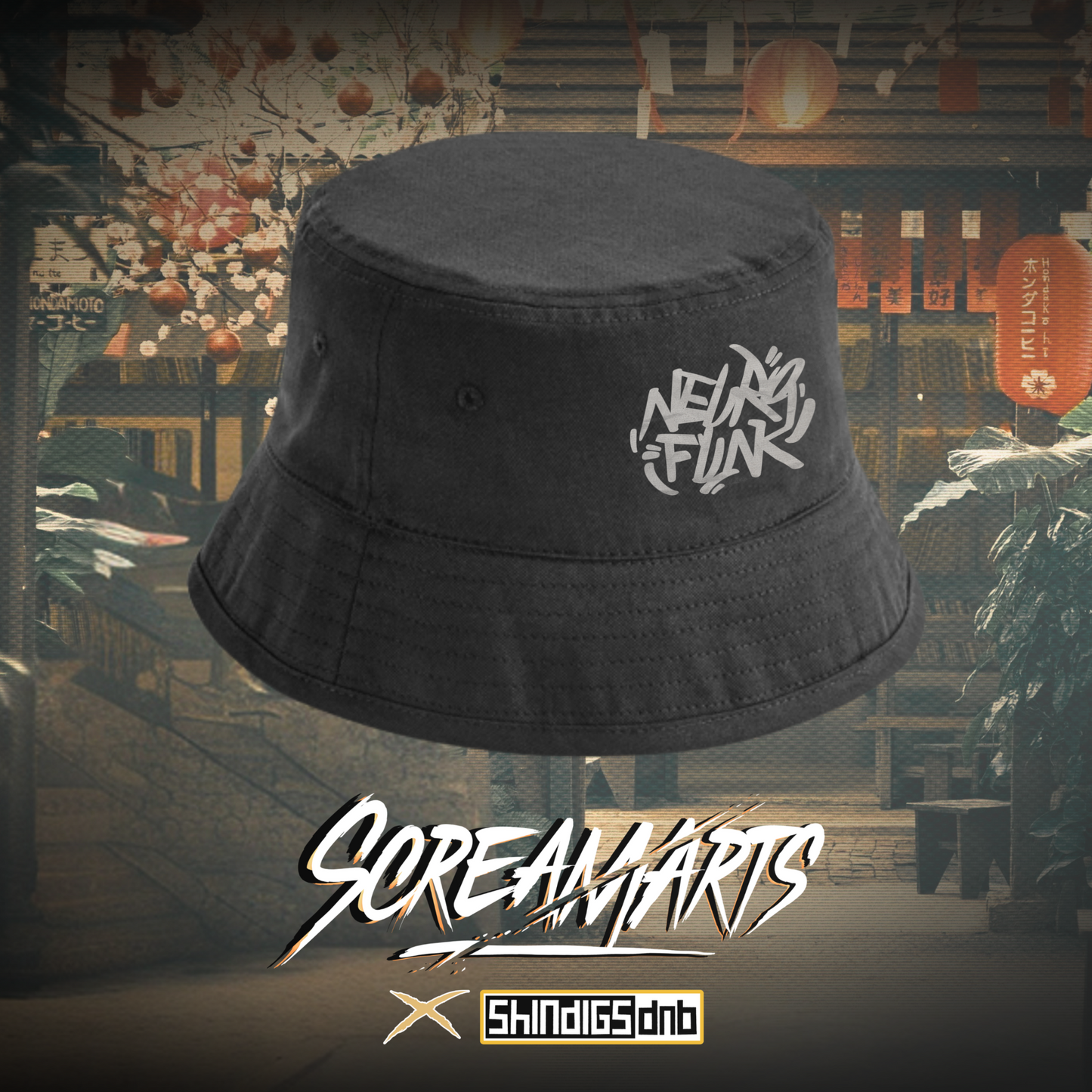 Screamarts collaboration black graphic bucket hat