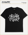 A black short-sleeve t-shirt with a large white graffiti-style graphic reading 'NEUROFUNK' on the front, displayed flat against a light background with branding text at the top.