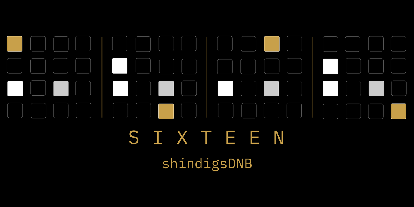 A black graphic featuring the word 'SIXTEEN' in gold lettering, with 'shindigsDNB' below it. Above the text is a row of minimalist square grid blocks in gold, white, and light gray.