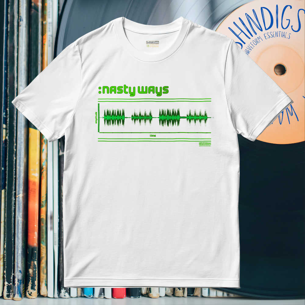 White t-shirt with green graphic design on a background of vinyl records, drum and bass tee