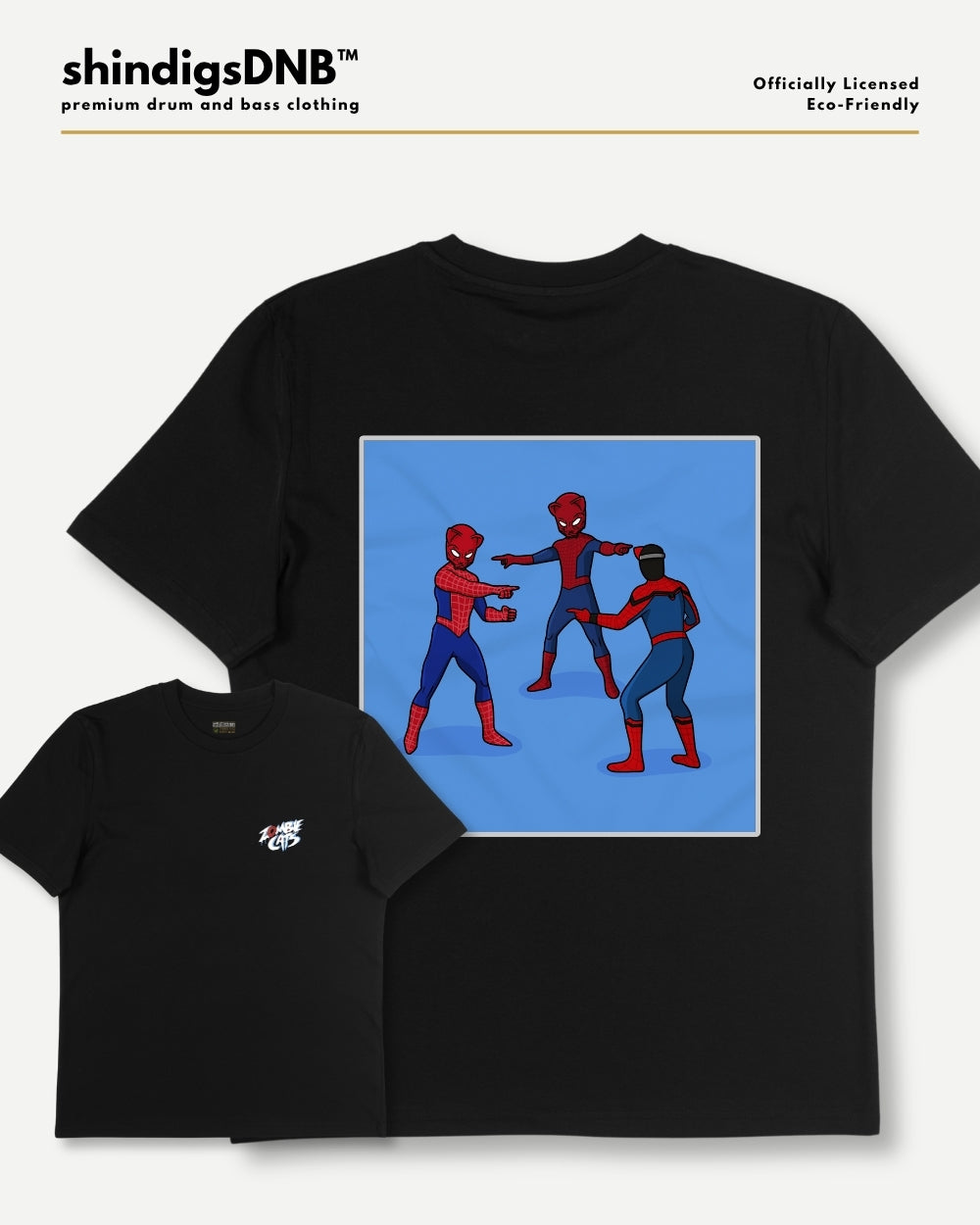 Black short-sleeve zombie cats t-shirts shown in two sizes on a light gray background. The larger shirt features a large square graphic print of four Spider-Man characters on a blue background, and the smaller shirt has a small white Spider-Man graphic on the left chest.