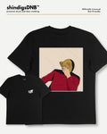 Black short-sleeve graphic t-shirts shown in two sizes on a light gray background, with a top banner reading shindigsDNB. The larger shirt features a large square graphic of a stylized character in a red uniform covering one eye, and the smaller shirt has a small white chest graphic.