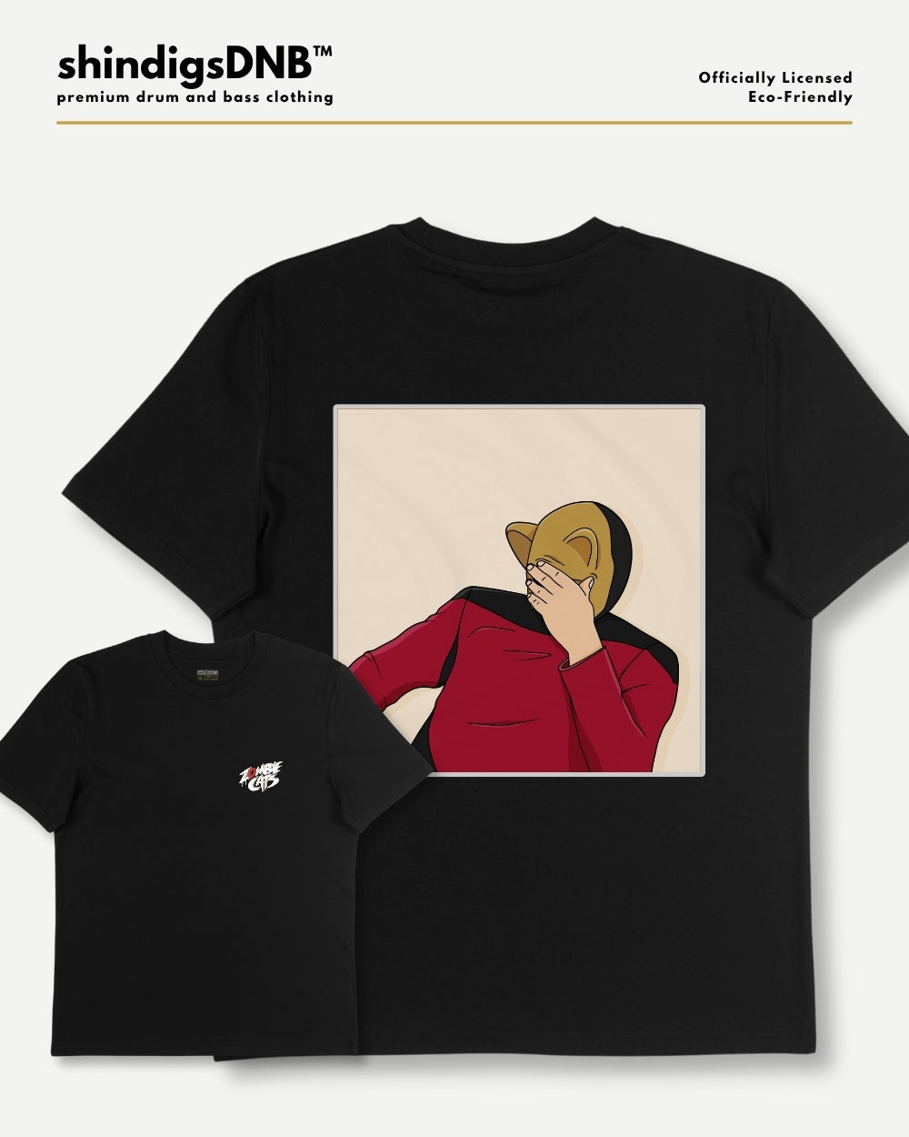 Black short-sleeve graphic t-shirts shown in two sizes on a light gray background, with a top banner reading shindigsDNB. The larger shirt features a large square graphic of a stylized character in a red uniform covering one eye, and the smaller shirt has a small white chest graphic.