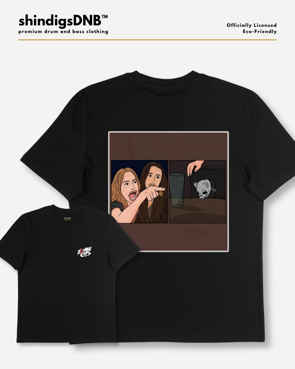 Black short-sleeve graphic t-shirt shown in two sizes: a large version featuring a square cartoon-style print of two women and a gray skull, and a smaller version with a small white graphic on the left chest. The brand name 'shindigsDNB' is visible at the top left.