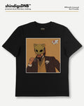 A black short-sleeve t-shirt with a central graphic print of a cartoon cat in a brown suit holding a glass, set against a light gray background. The brand name 'shindigsDNB' is visible at the top left.