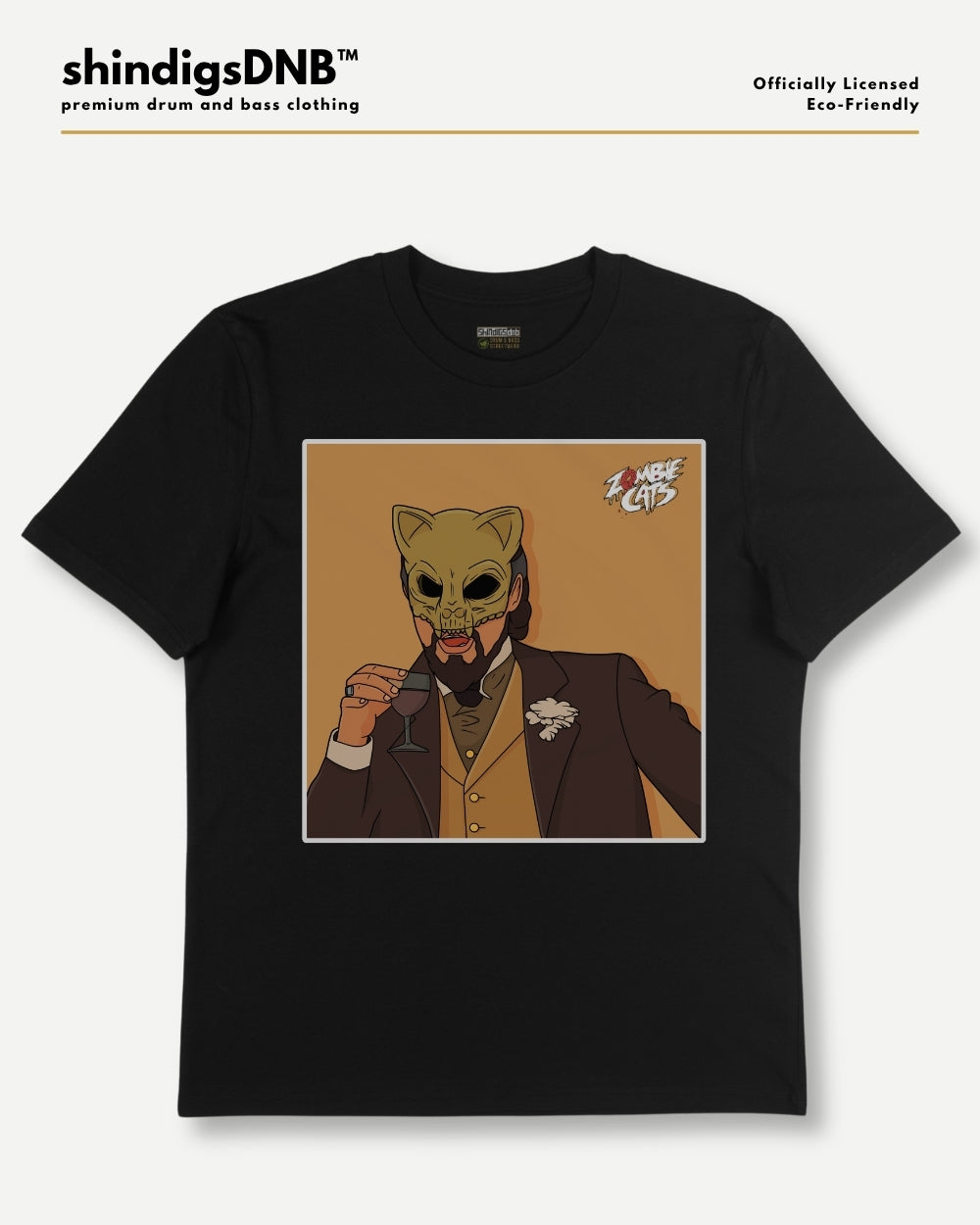 A black short-sleeve t-shirt with a central graphic print of a cartoon cat in a brown suit holding a glass, set against a light gray background. The brand name 'shindigsDNB' is visible at the top left.