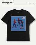 A black short-sleeve t-shirt with a graphic print of three Spider-Man characters in a fighting pose on a blue background. The shirt is displayed flat against a light gray background with a brand header at the top that reads 'shindigsDNB' and 'Officially Licensed Eco-friendly'.