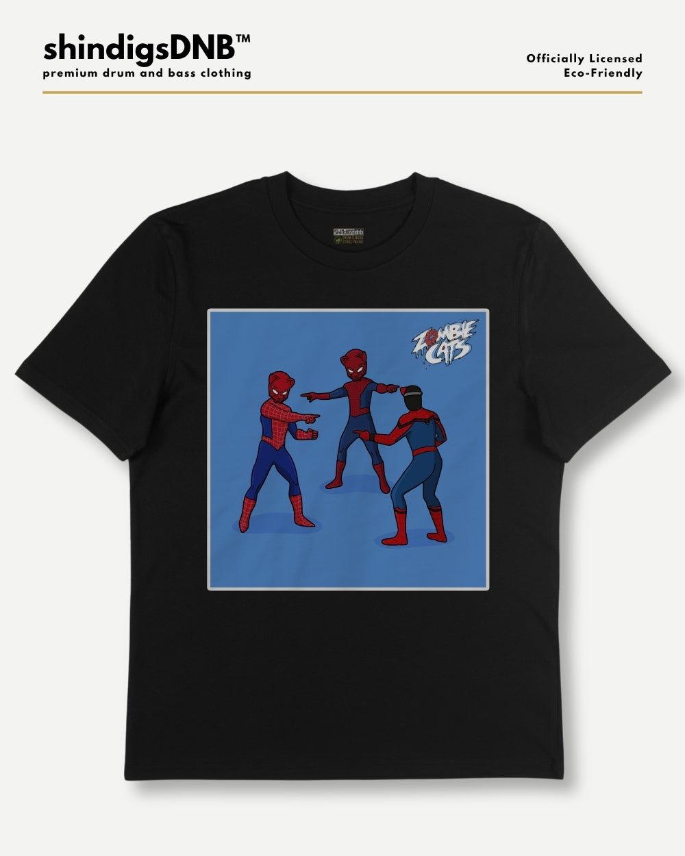 A black short-sleeve t-shirt with a graphic print of three Spider-Man characters in a fighting pose on a blue background. The shirt is displayed flat against a light gray background with a brand header at the top that reads 'shindigsDNB' and 'Officially Licensed Eco-friendly'.