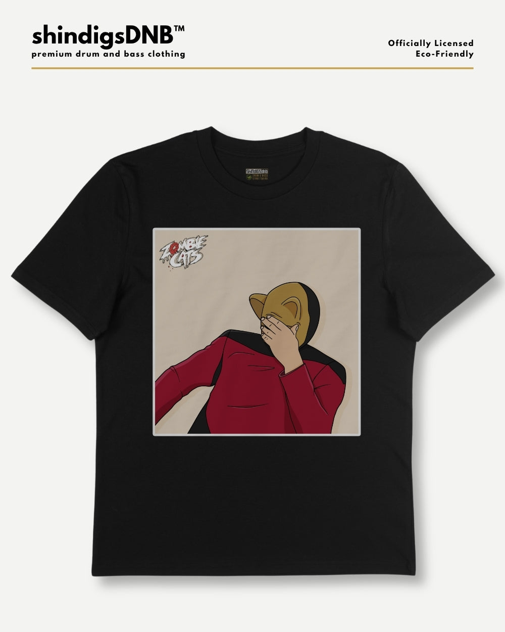 A black short-sleeve graphic t-shirt by shindigsDNB, featuring a square print of an illustrated figure in a red jacket and gold hat on a beige background. The t-shirt is displayed flat against a light gray background with the brand logo 'shindigsDNB' at the top.