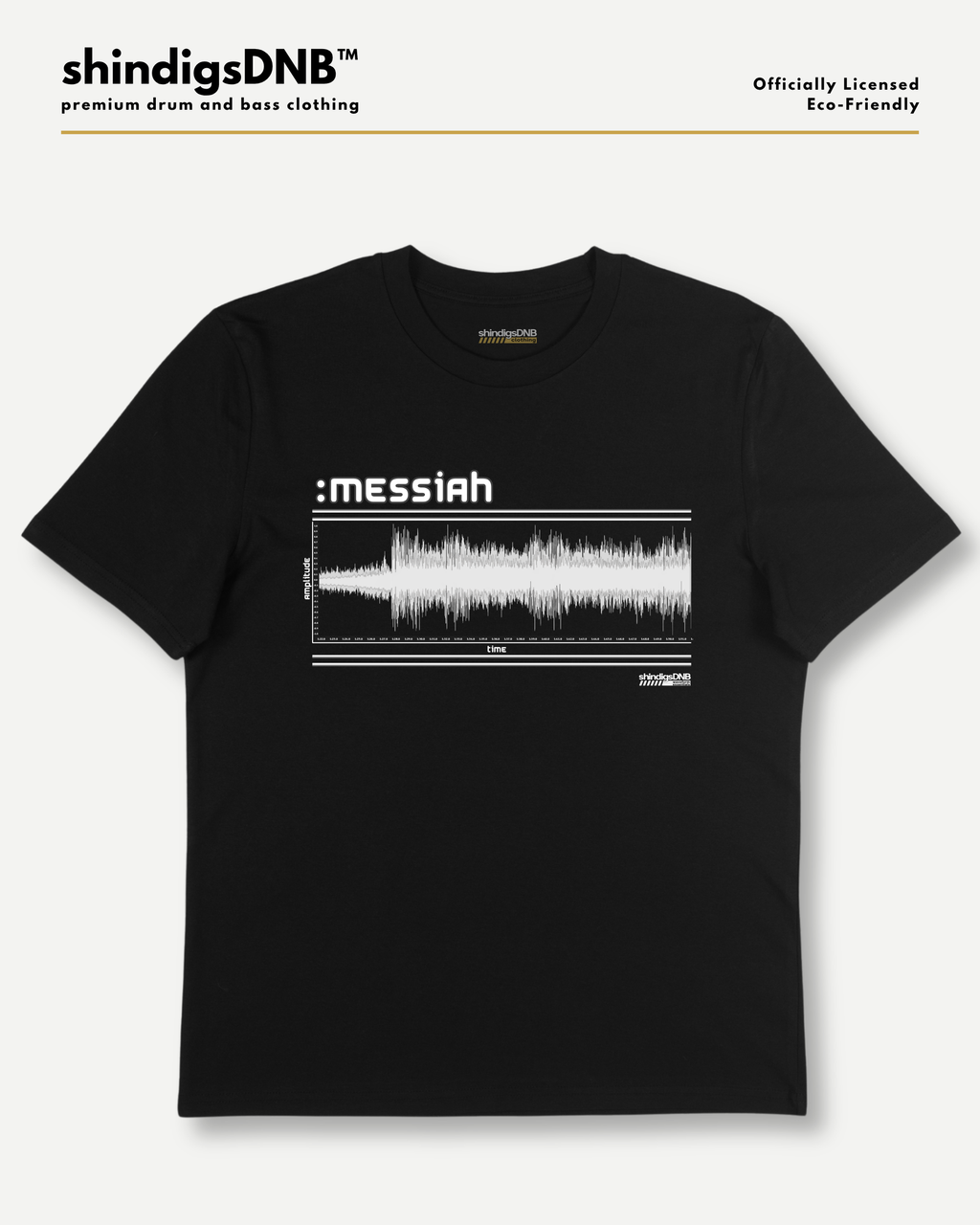 A black short-sleeve crewneck t-shirt with a white soundwave graphic and ':messiah' text on the chest, displayed flat against a light gray background with branding text at the top.