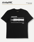 A black short-sleeve crewneck t-shirt with a white soundwave graphic and ':messiah' text on the chest, displayed flat against a light gray background with branding text at the top.