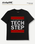 A black short-sleeve graphic t-shirt featuring 'CLASSIC TECH STEP' printed in white and red on the front, displayed on a light gray background with branding at the top.