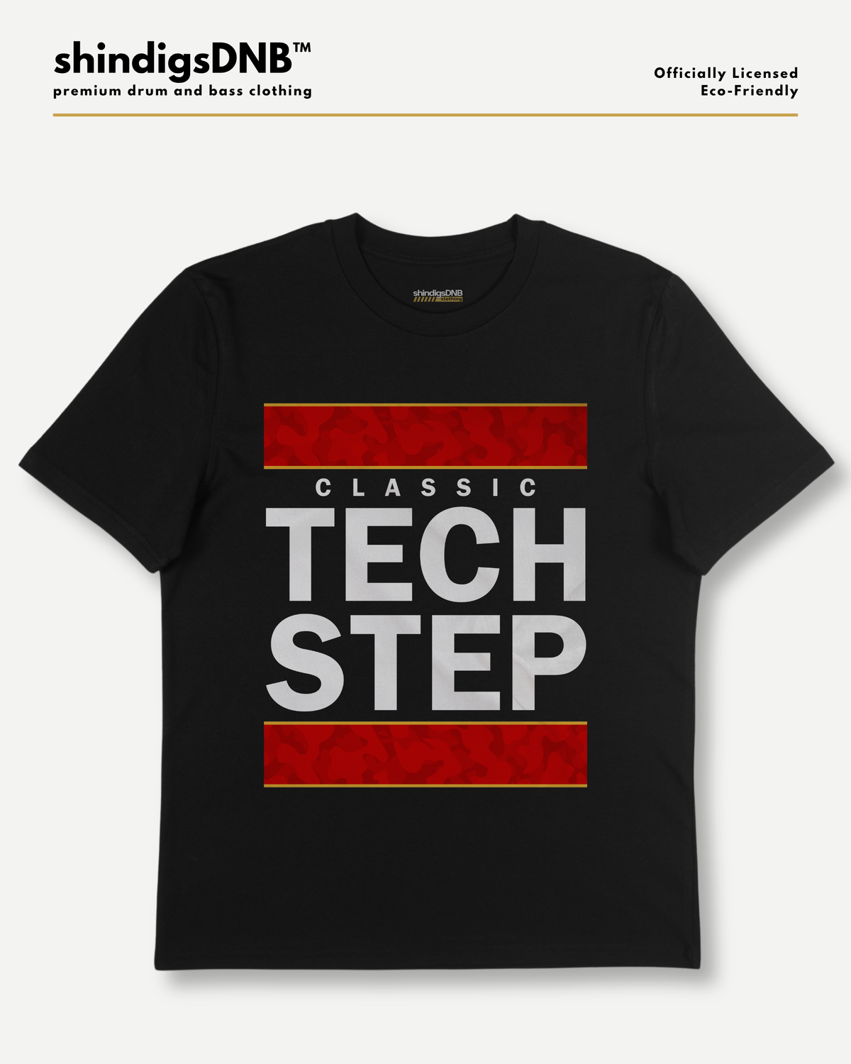A black short-sleeve graphic t-shirt featuring 'CLASSIC TECH STEP' printed in white and red on the front, displayed on a light gray background with branding at the top.