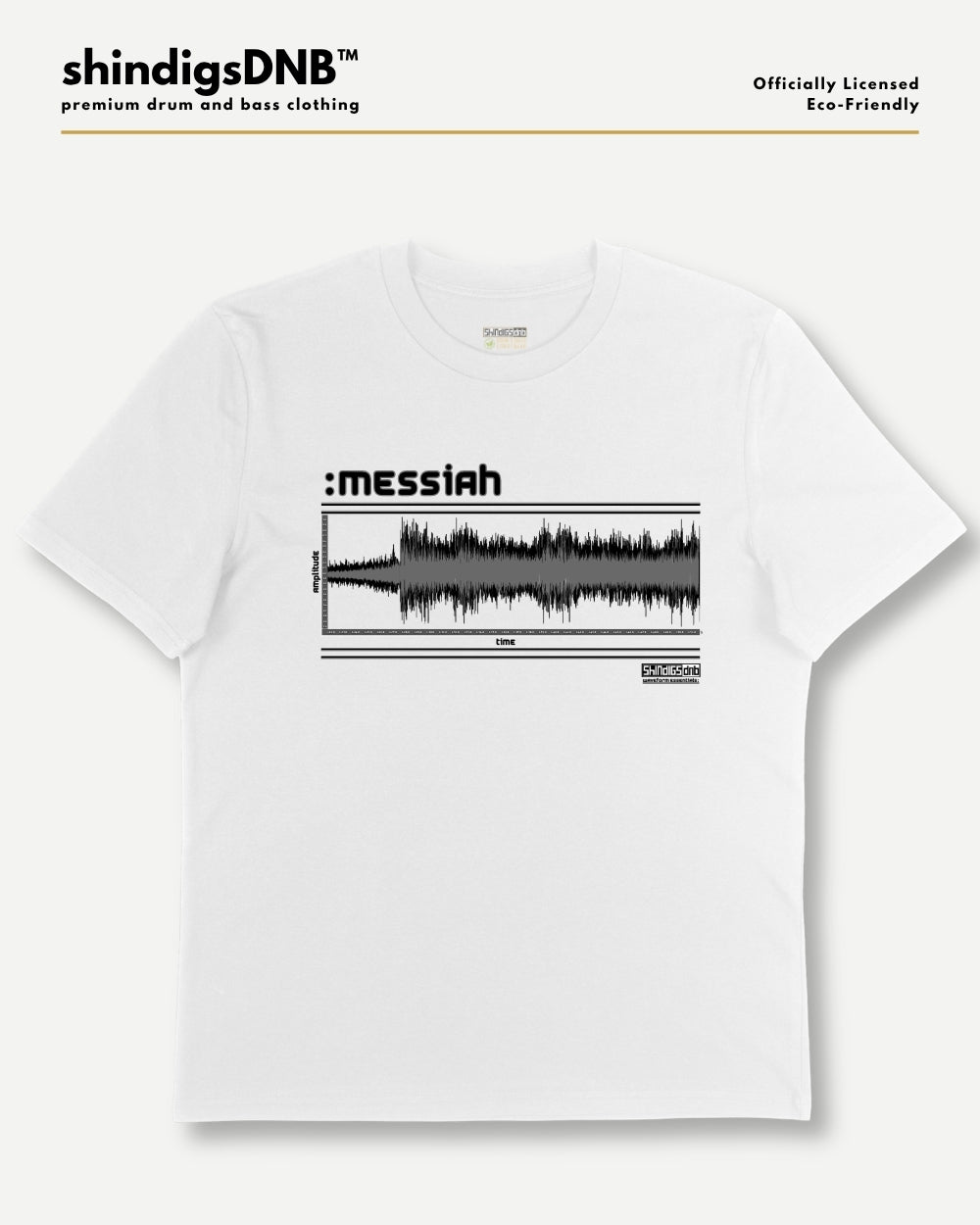 A white short-sleeve t-shirt with a black graphic print featuring the text ':messiah' above a soundwave design, displayed on a light gray background with brand text at the top.