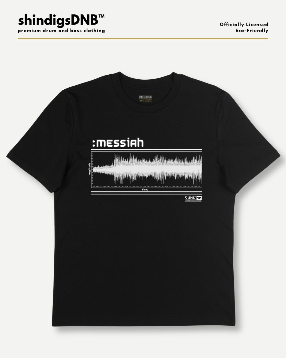 A black short-sleeve crewneck t-shirt with a white graphic print on the chest featuring the text ':messiah' and a soundwave design, displayed on a light gray background with branding at the top. Renegade Hardware. Messiah. Classic drum and bass.