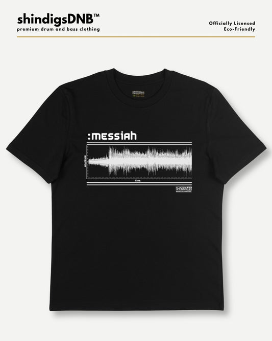 A black short-sleeve crewneck t-shirt with a white graphic print on the chest featuring the text ':messiah' and a soundwave design, displayed on a light gray background with branding at the top. Renegade Hardware. Messiah. Classic drum and bass.