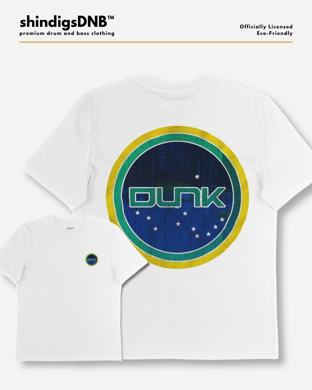 White short-sleeve t-shirt shown in two sizes, featuring a circular graphic print on the back with a blue center, green and yellow rings, and the word 'DUNK' in green. A smaller matching t-shirt is shown in front on a light gray background with 'shindigsDNB' branding at the top.