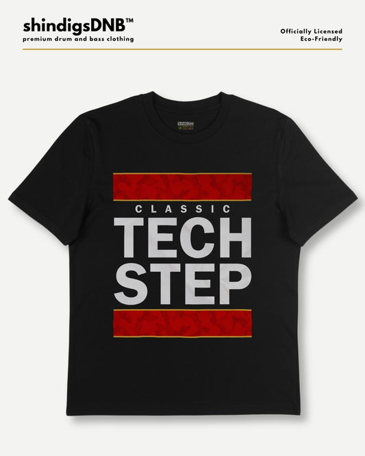 Black classic tech step drum and bass tee in run dmc style