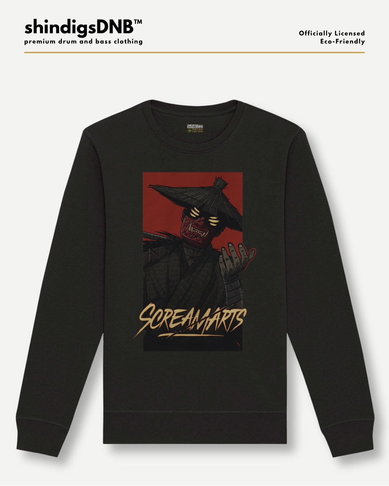A black crewneck sweatshirt featuring a graphic print of a horror character in a black hat against a red background, with 'SCREAMARTS' written in gold stylized text below. The sweatshirt is displayed on a light gray background with 'shindigsDNB' branding at the top.