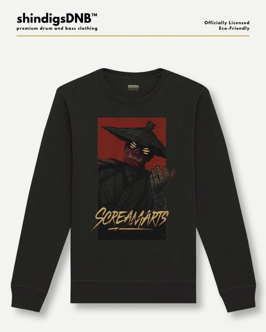 A black crewneck sweatshirt featuring a graphic print of a horror character in a black hat against a red background, with 'SCREAMARTS' written in gold stylized text below. The sweatshirt is displayed on a light gray background with 'shindigsDNB' branding at the top.