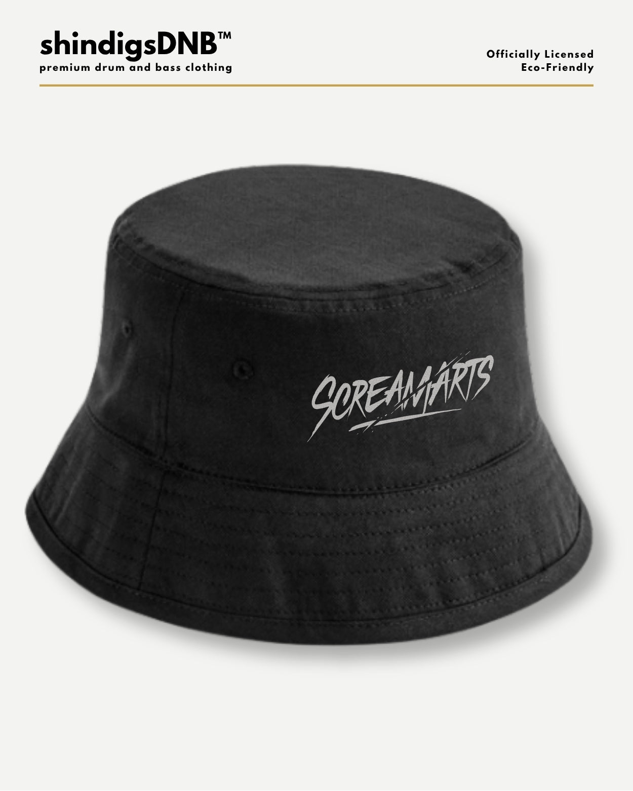 A black bucket hat with a white 'SCREAMARTS' logo printed on the front, displayed against a light gray background with branding text at the top.